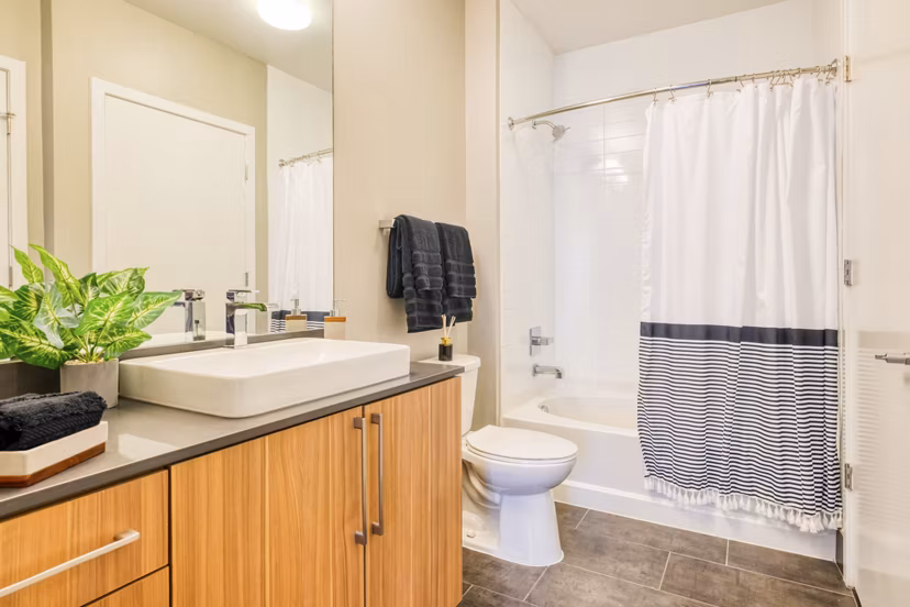 Modern bathroom with sleek fixtures at Notch8 Apartments
