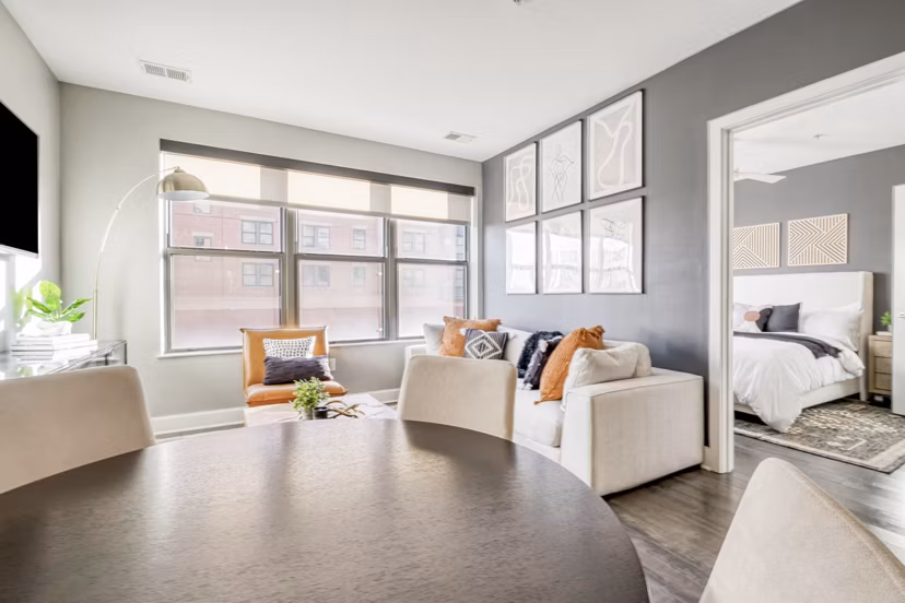 Dining area featuring modern decor and spacious seating at Notch8 Apartments