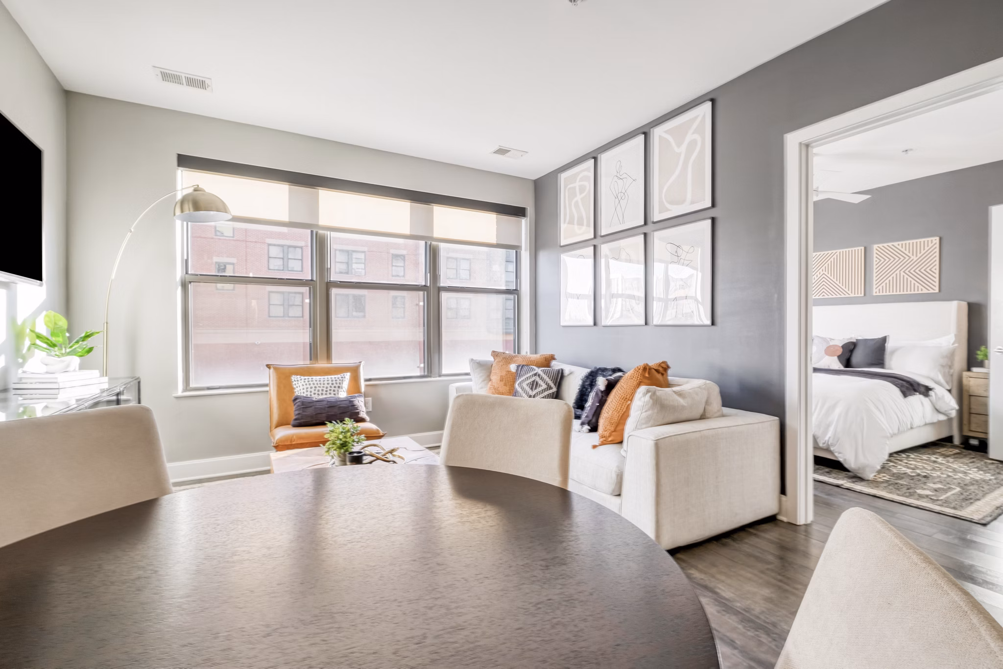 Dining area featuring modern decor and spacious seating at Notch8 Apartments