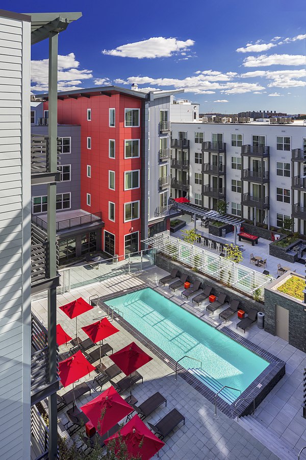 Luxury outdoor pool with lounge chairs at Notch8 Apartments