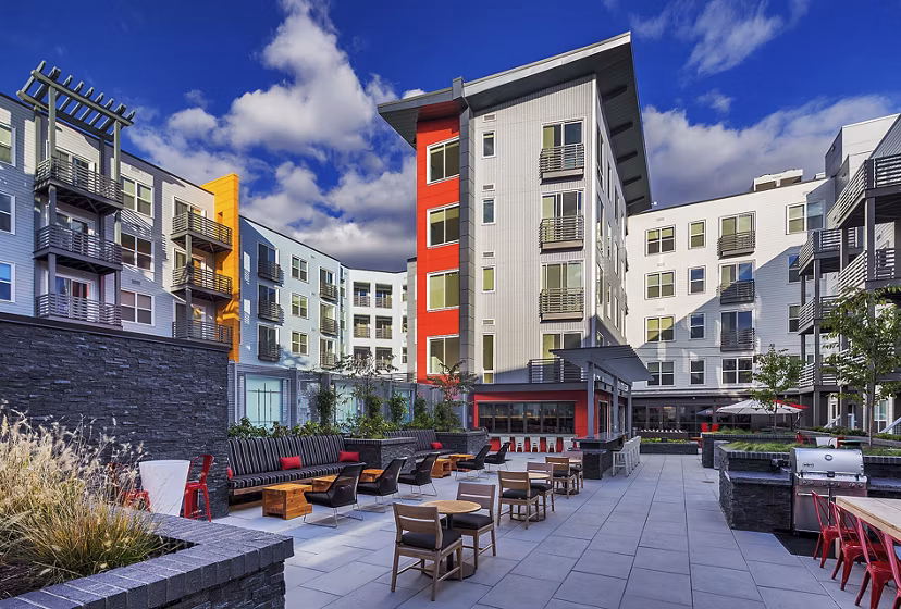 Courtyard with modern landscaping at Notch8 Apartments, offering luxury living in vibrant urban setting