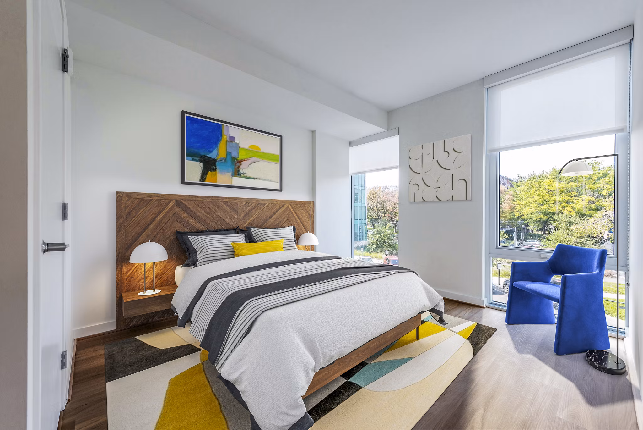 GS Gallery 64: Luxury bedroom with modern decor and large windows in a premium apartment in downtown, highlighting comfort and elegance