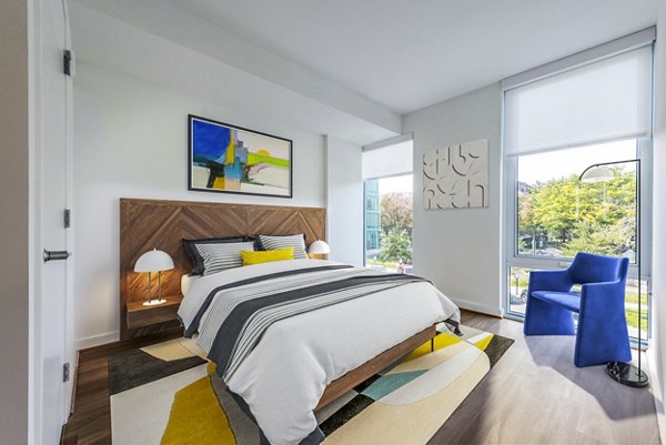 GS Gallery 64: Luxury bedroom with modern decor and large windows in a premium apartment in downtown, highlighting comfort and elegance