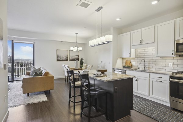 Modern kitchen with stainless steel appliances and granite countertops at Avidor Edina Apartments