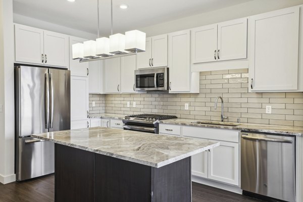 Modern kitchen with stainless steel appliances and quartz countertops at Avidor Edina Apartments, luxury living for seniors