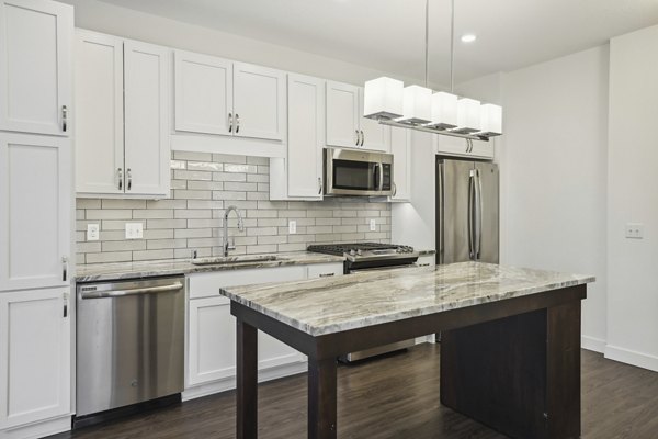 Modern kitchen featuring sleek cabinetry and stainless steel appliances at Avidor Edina Apartments