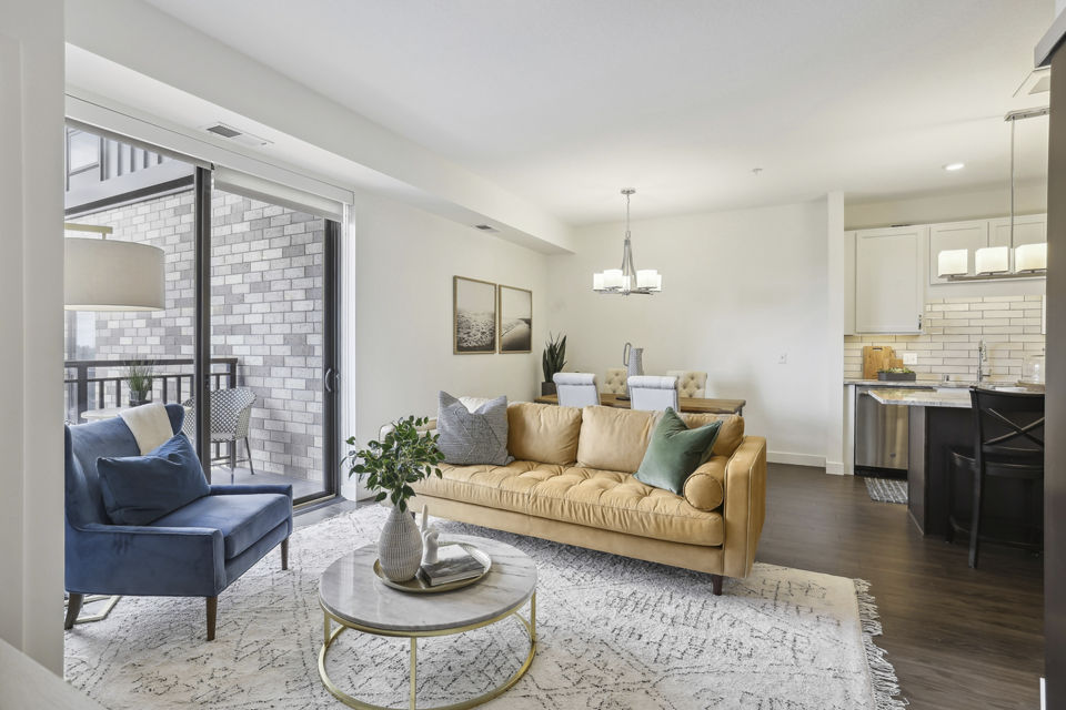 Modern living room with stylish decor at Avidor Edina Apartments, offering luxury living in Minneapolis