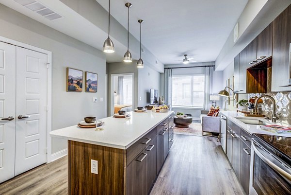 Modern kitchen with stainless steel appliances at Zoey Apartments, luxury spaces for elevated living