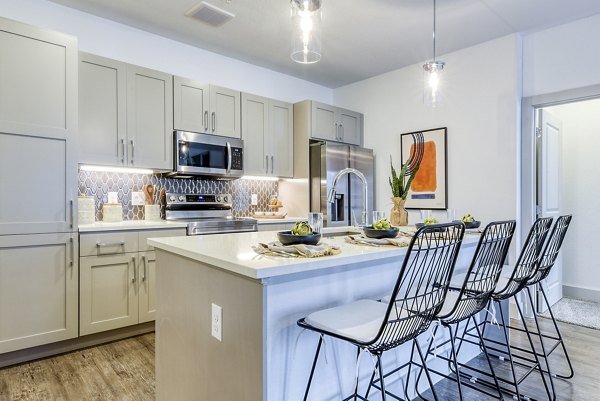 Modern kitchen with island and stainless steel appliances in Tacara Dove Creek Apartments, San Antonio luxury apartments
