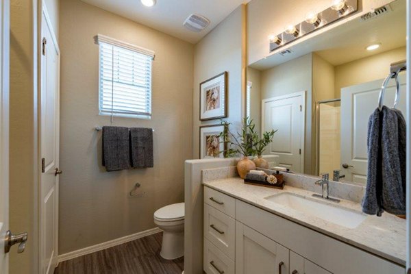 Modern bathroom with sleek fixtures at Vlux at Sunset Farms Apartments, Greystar luxury apartments