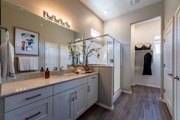 Modern bathroom with sleek fixtures at Vlux at Sunset Farms Apartments, combining luxury and functionality for a premium living experience