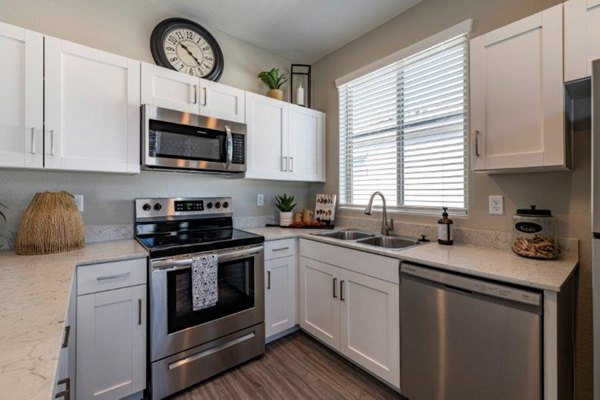 Luxe kitchen with granite countertops and stainless steel appliances at Vlux at Sunset Farms Apartments