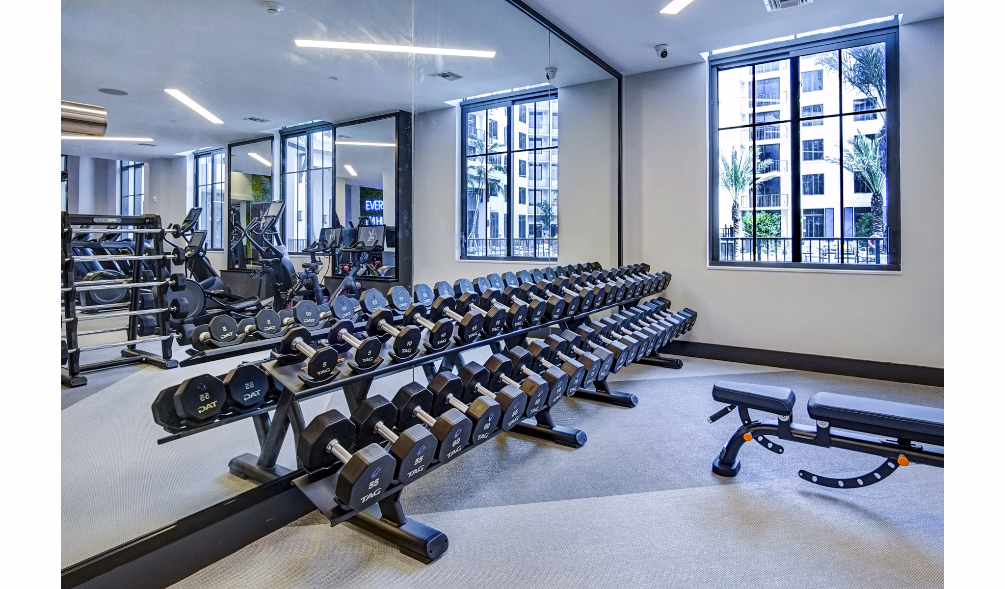 State-of-the-art fitness center with modern equipment at The Ellsworth Apartments, offering luxury living experiences
