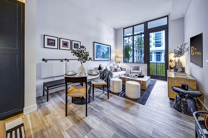 Spacious living room with modern decor at The Ellsworth Apartments, luxury rentals by Greystar