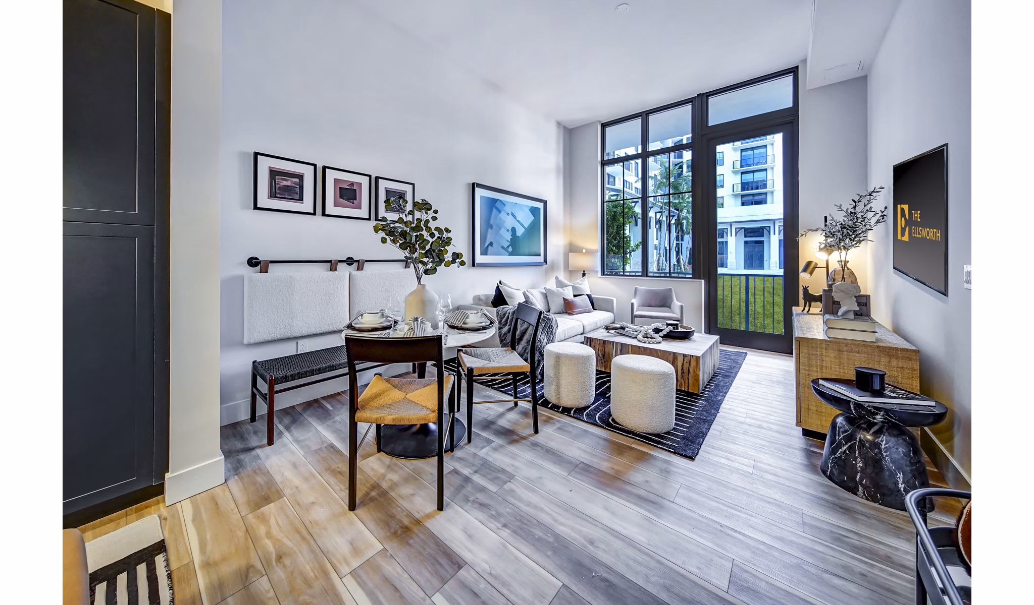 Spacious living room with modern decor at The Ellsworth Apartments, luxury rentals by Greystar