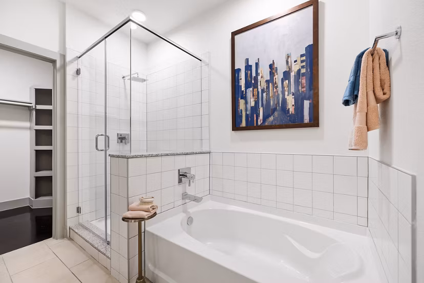 Modern bathroom featuring elegant fixtures at The Oliver Apartments