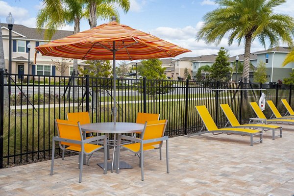Resort-style pool and patio area at Summerwell Avian Pointe Apartments