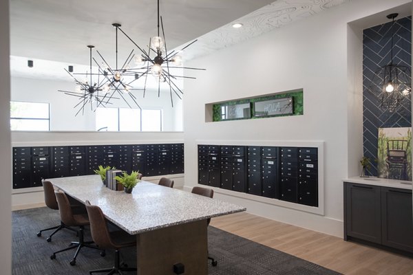 Modern mail room with package lockers at Broadstone Bryson Apartments