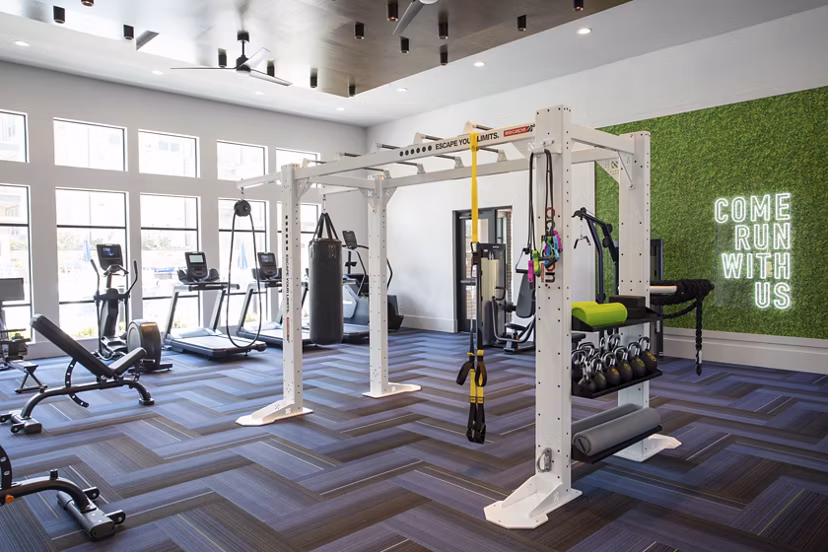 State-of-the-art fitness center with modern equipment at Broadstone Bryson Apartments, ideal for residents' wellness and active lifestyle