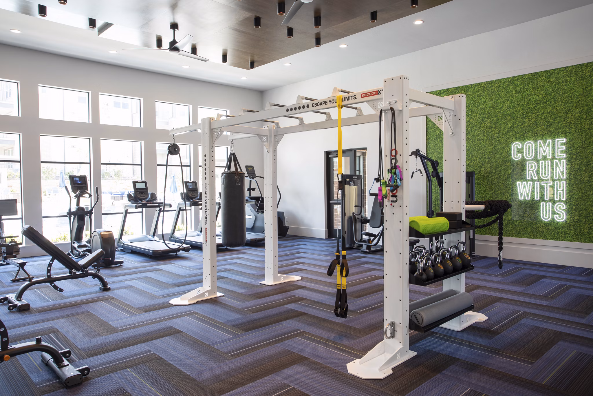 State-of-the-art fitness center with modern equipment at Broadstone Bryson Apartments, ideal for residents' wellness and active lifestyle