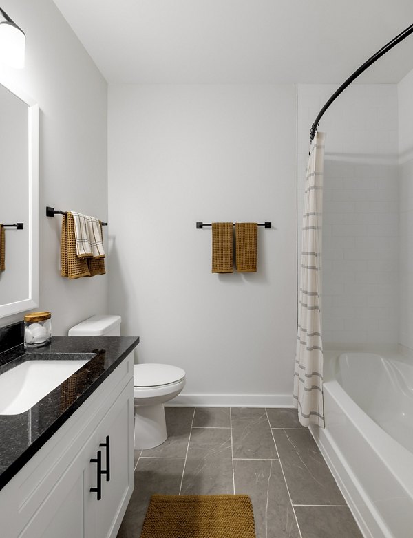 Stylish bathroom with modern fixtures and marble countertops at Maxwell Apartments
