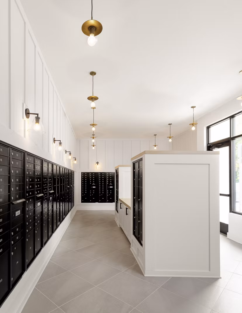 Mail room with secure parcel lockers at Maxwell Apartments