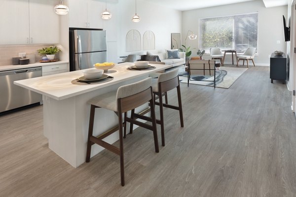 Modern kitchen with stainless steel appliances at The Blake Apartments, offering luxury living spaces in a prime urban location