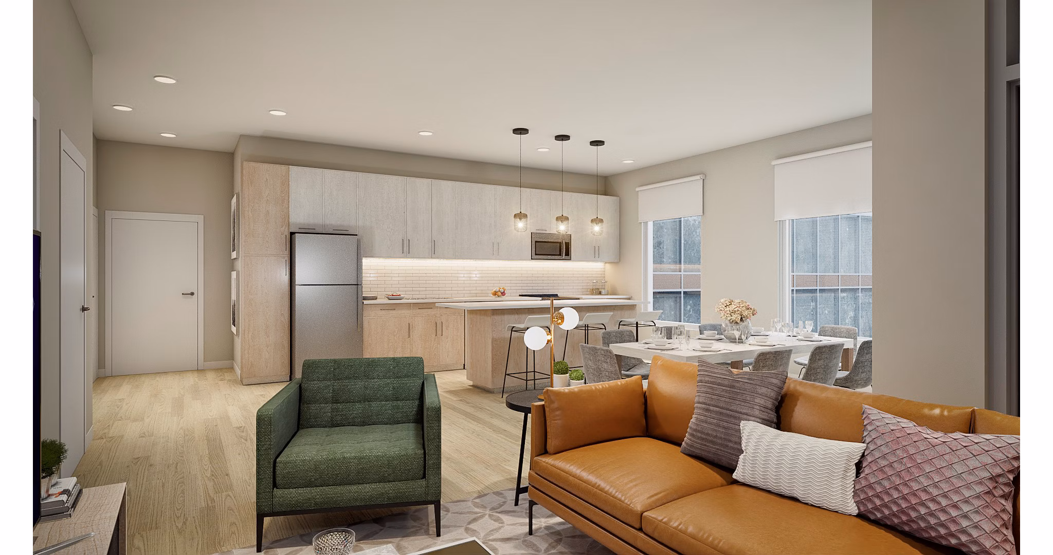 Spacious living room with contemporary design at The Blake Apartments, featuring luxury finishes and abundant natural light