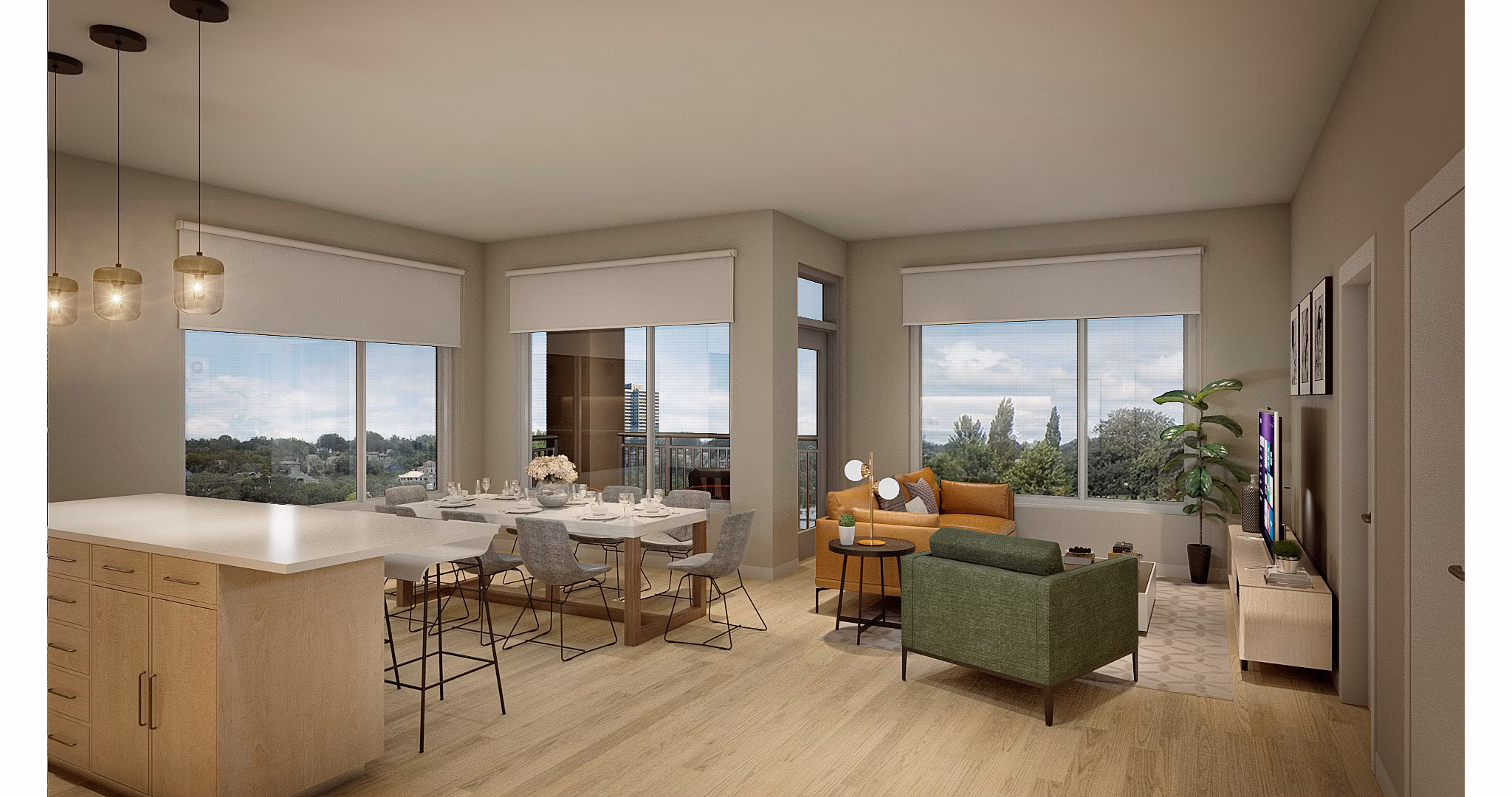 Spacious living room with modern furnishings in The Blake Apartments