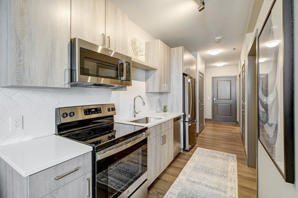 Modern kitchen featuring stainless steel appliances at Novus Apartments