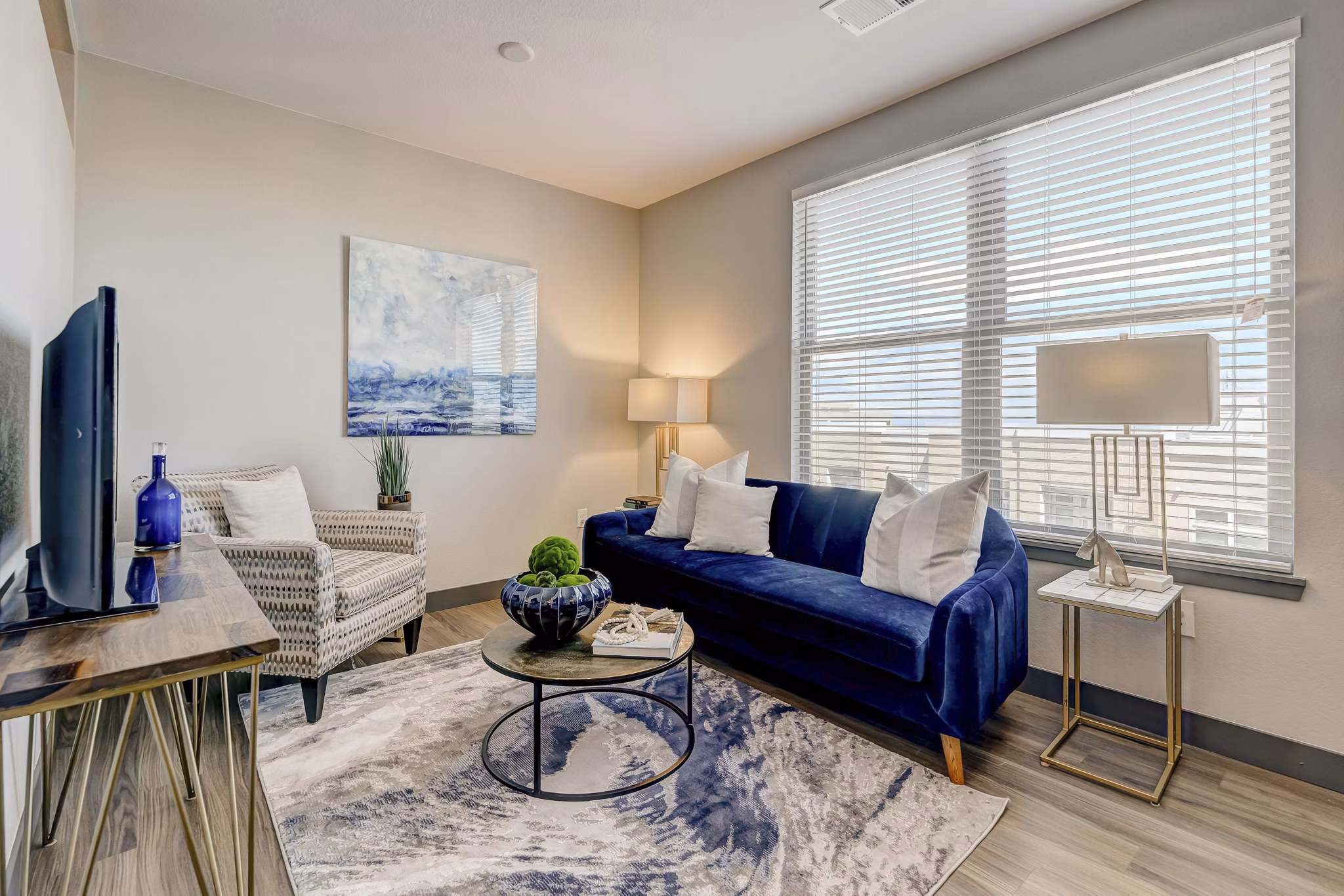 Spacious living room with elegant furnishings at Novus Apartments, a Greystar luxury community