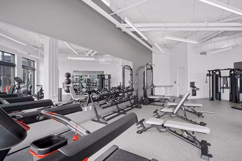 fitness center at The Flats at East Bank Apartments