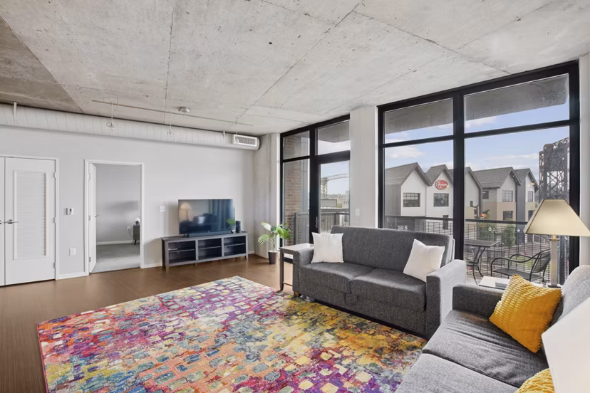 living room at The Flats at East Bank Apartments