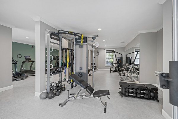 fitness center at The Avens at Dedham Station Apartments