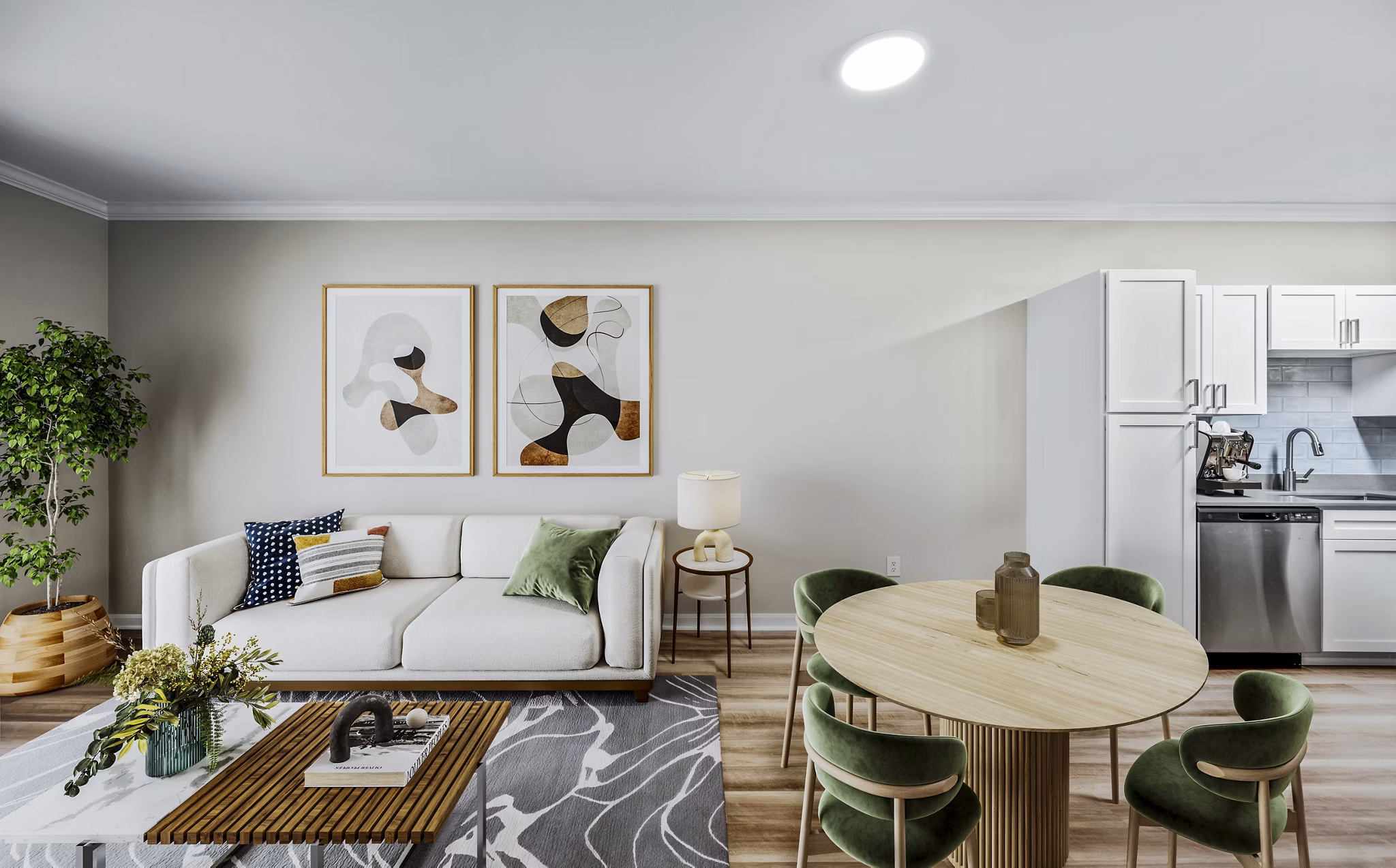 Modern living room with elegant furnishings at The Avens at Dedham Station Apartments