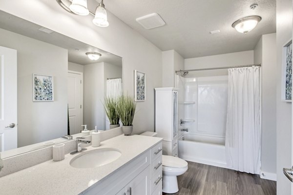 Modern bathroom with sleek fixtures at Millpond Apartments featuring luxury amenities in Greystar's renowned property portfolio
