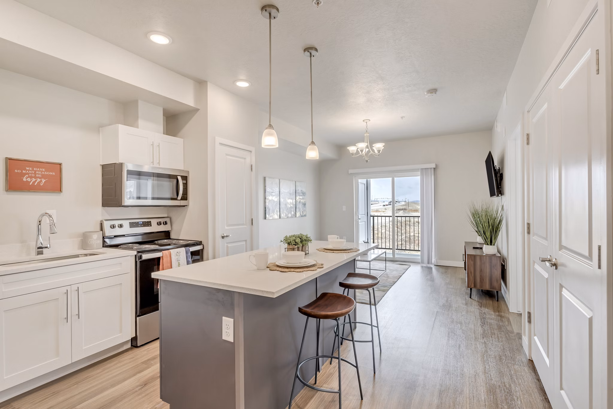 Modern kitchen with stainless steel appliances and quartz countertops in Millpond Apartments
