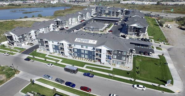 Outdoor swimming pool area with lounge chairs and modern building at luxury apartments