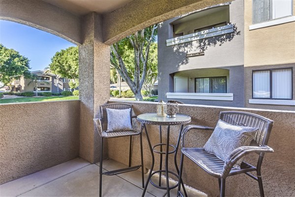 Spacious patio with modern furnishings at Morada Rise Apartments