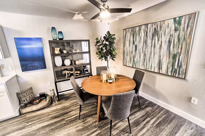 Elegant dining area with contemporary furniture at The Arden Apartments Perfect for hosting gatherings in a luxury living space
