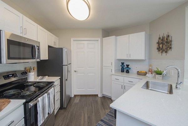 Modern kitchen with sleek finishes and stainless steel appliances at The Arden Apartments
