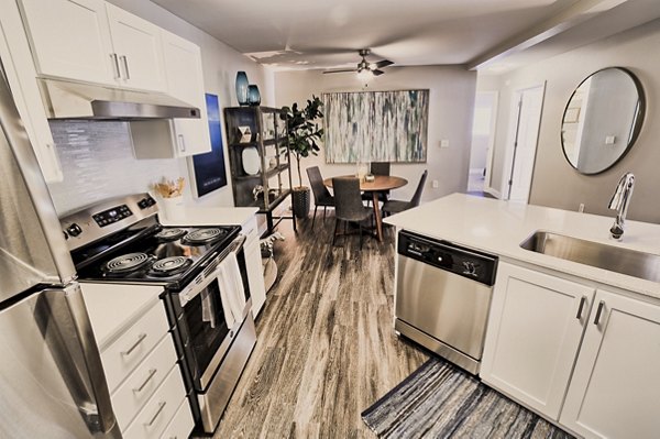 Modern kitchen with sleek cabinetry and marble countertops at The Arden Apartments, Greystar luxury community in urban setting