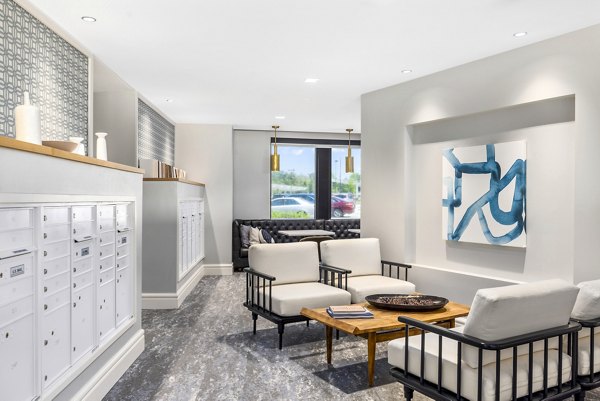 Clubhouse mail room with modern design at Avidor Omaha Apartments, providing convenient and secure package services for residents