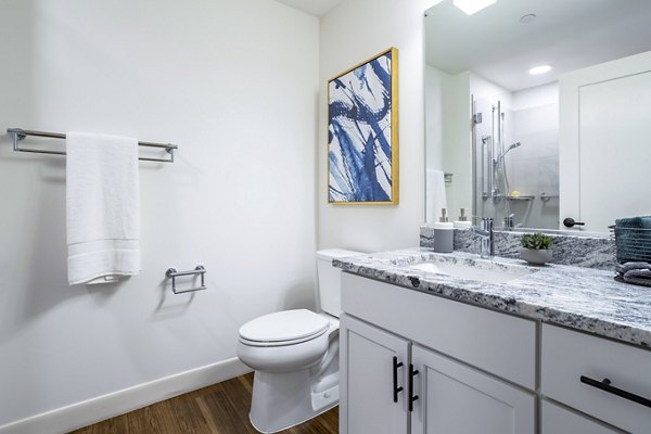 Modern bathroom with sleek fixtures in Avidor Evanston Apartments