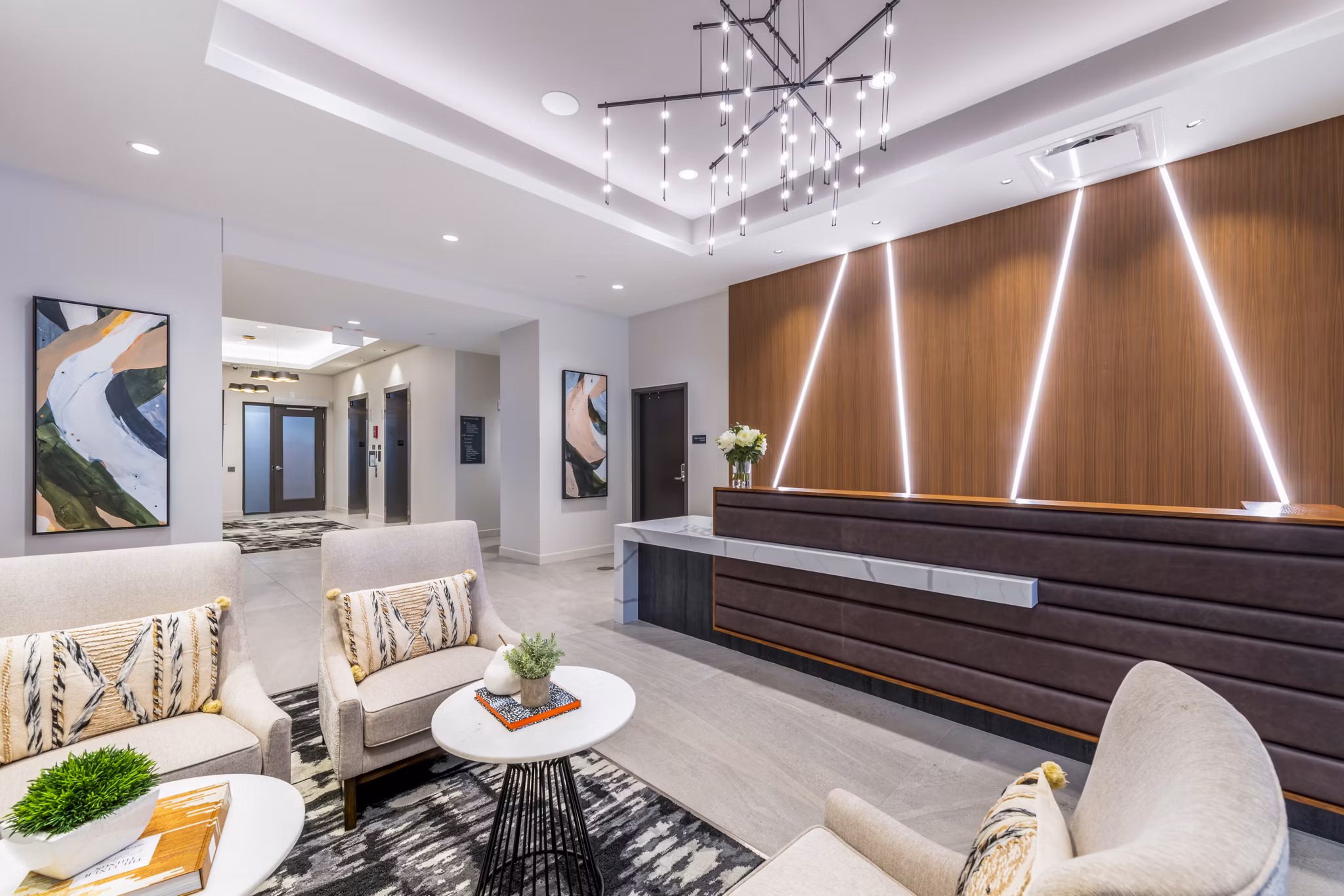 Clubhouse featuring modern decor and cozy seating at Avidor Evanston Apartments
