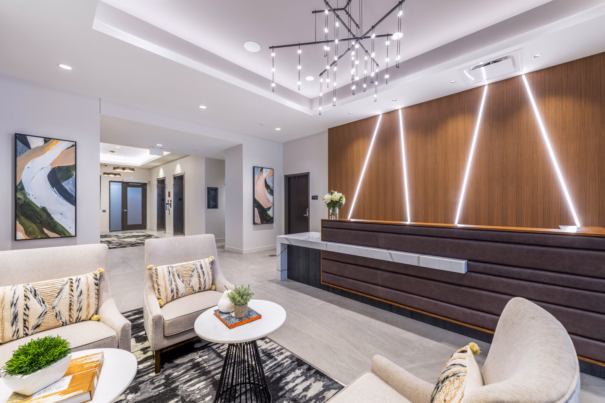 Clubhouse featuring modern decor and cozy seating at Avidor Evanston Apartments