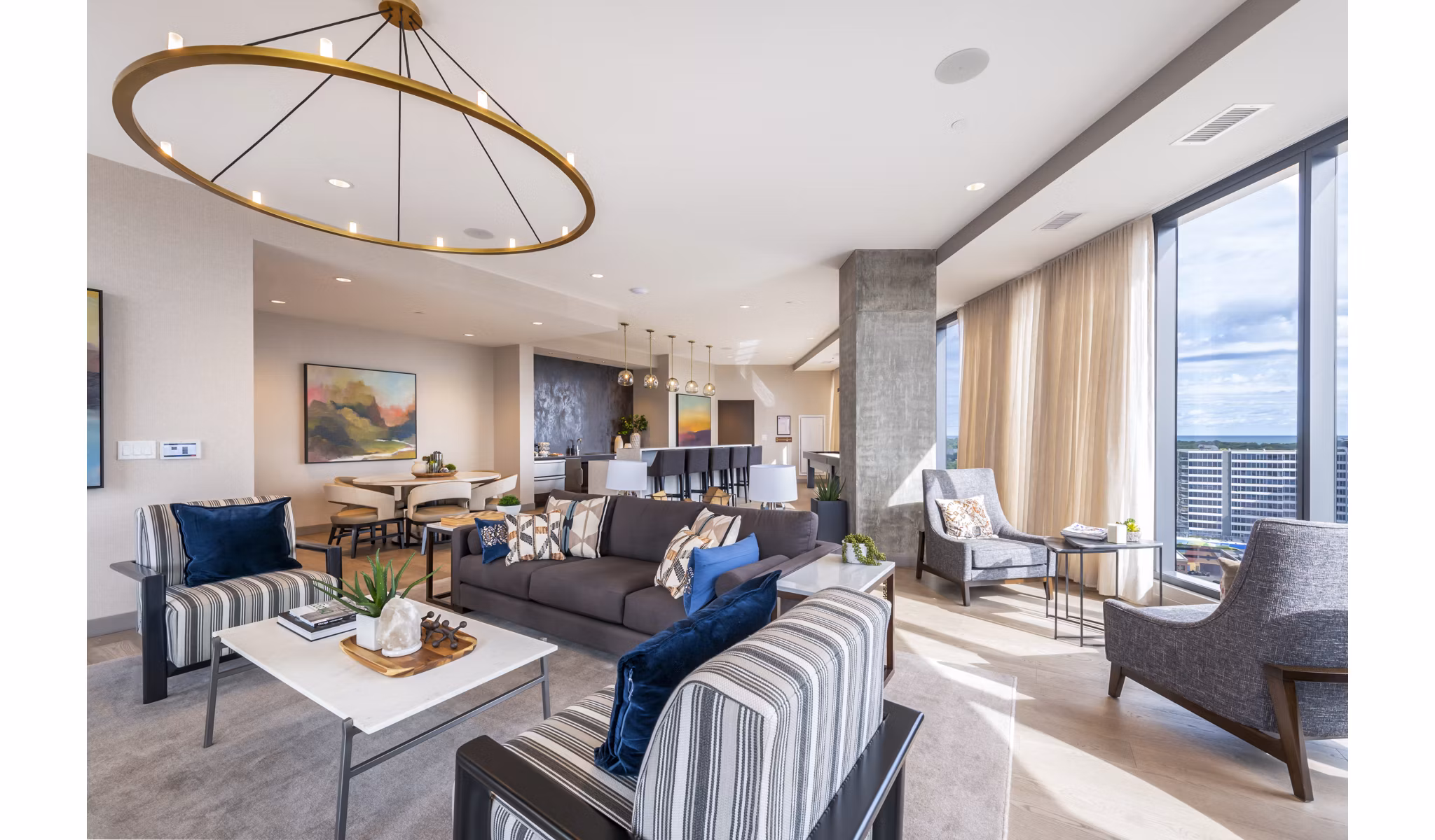 Modern clubhouse featuring chic seating and contemporary design at Avidor Evanston Apartments for luxury living and community gatherings