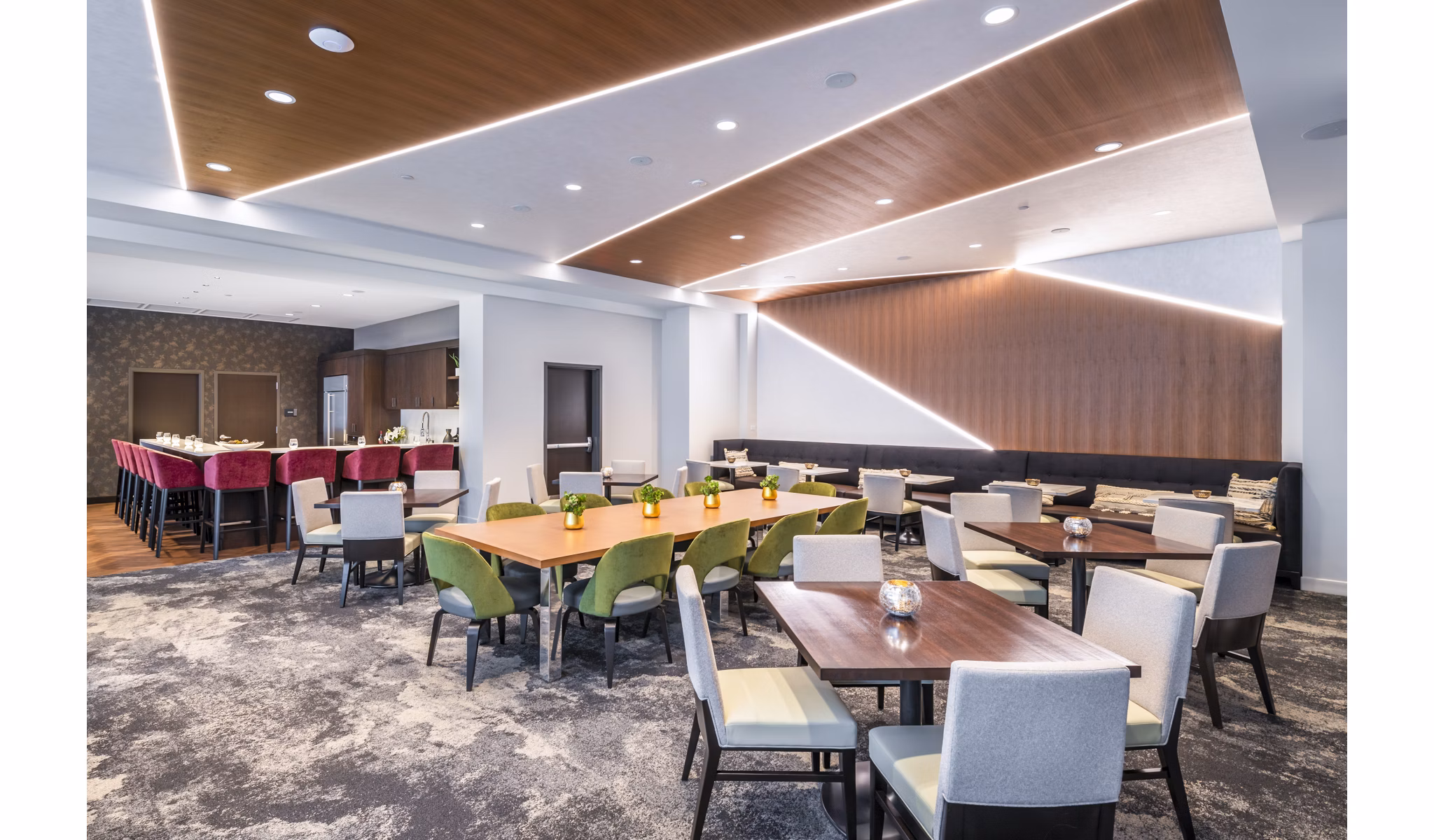 Clubhouse with modern decor and lounge seating at Avidor Evanston Apartments, an upscale retirement community in Evanston, Illinois