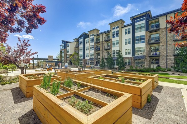 Community garden space featuring landscaped paths and vegetable plots at Heights at Interlocken Apartments