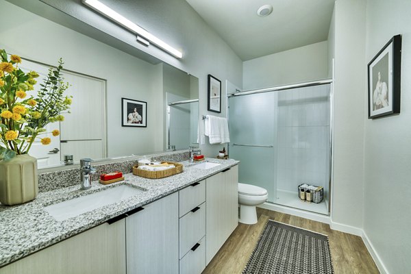 Modern bathroom with sleek fixtures in The Riley Apartments, offering luxury living near downtown Ideal for refined apartment seekers